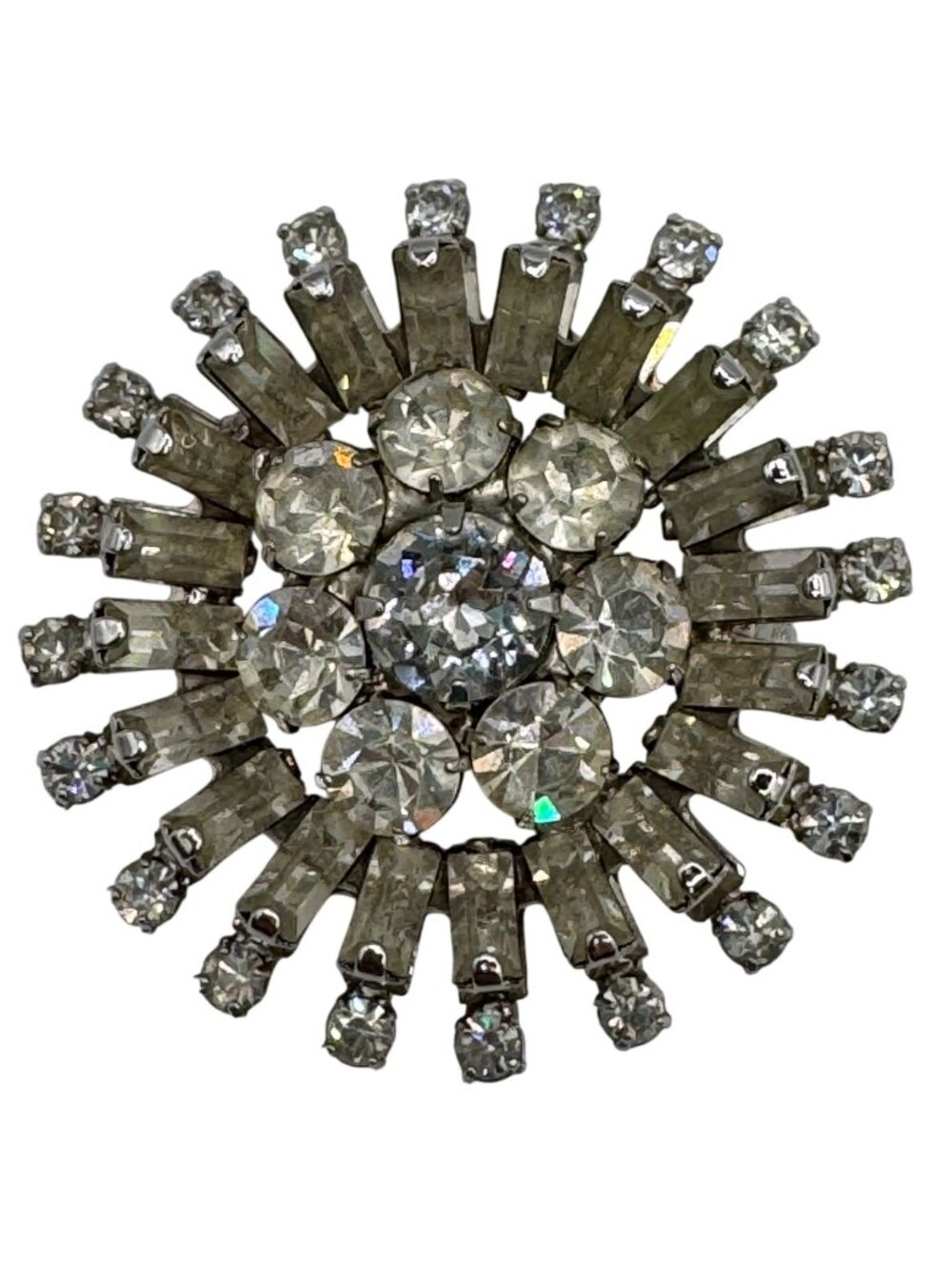 Vintage Napier Clear Rhinestone Starburst Brooch Pin 1.5" Prong Set Round MCM